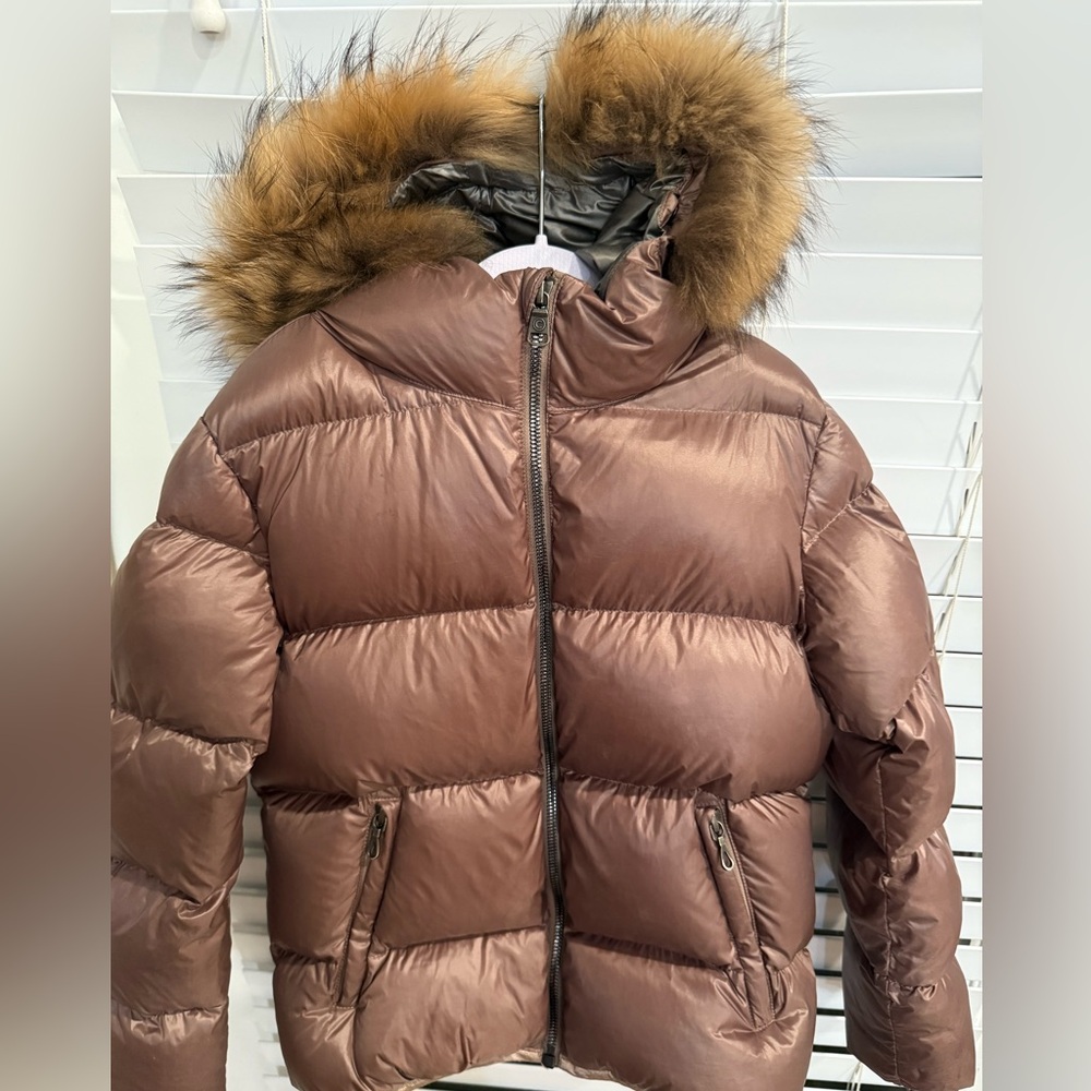 Colmar Burnt Rose Coat- 100% duck down feather filled, 100% authentic fur hood.